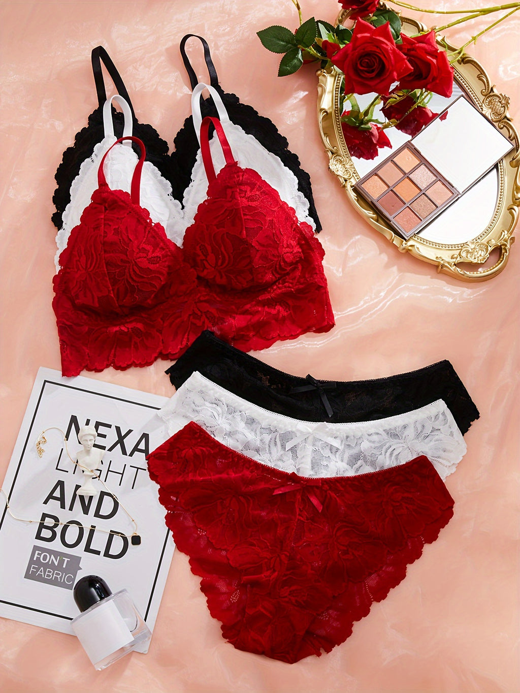 Velora |3 ensembles de soutien-gorge et de culotte en dentelle solide et sexy