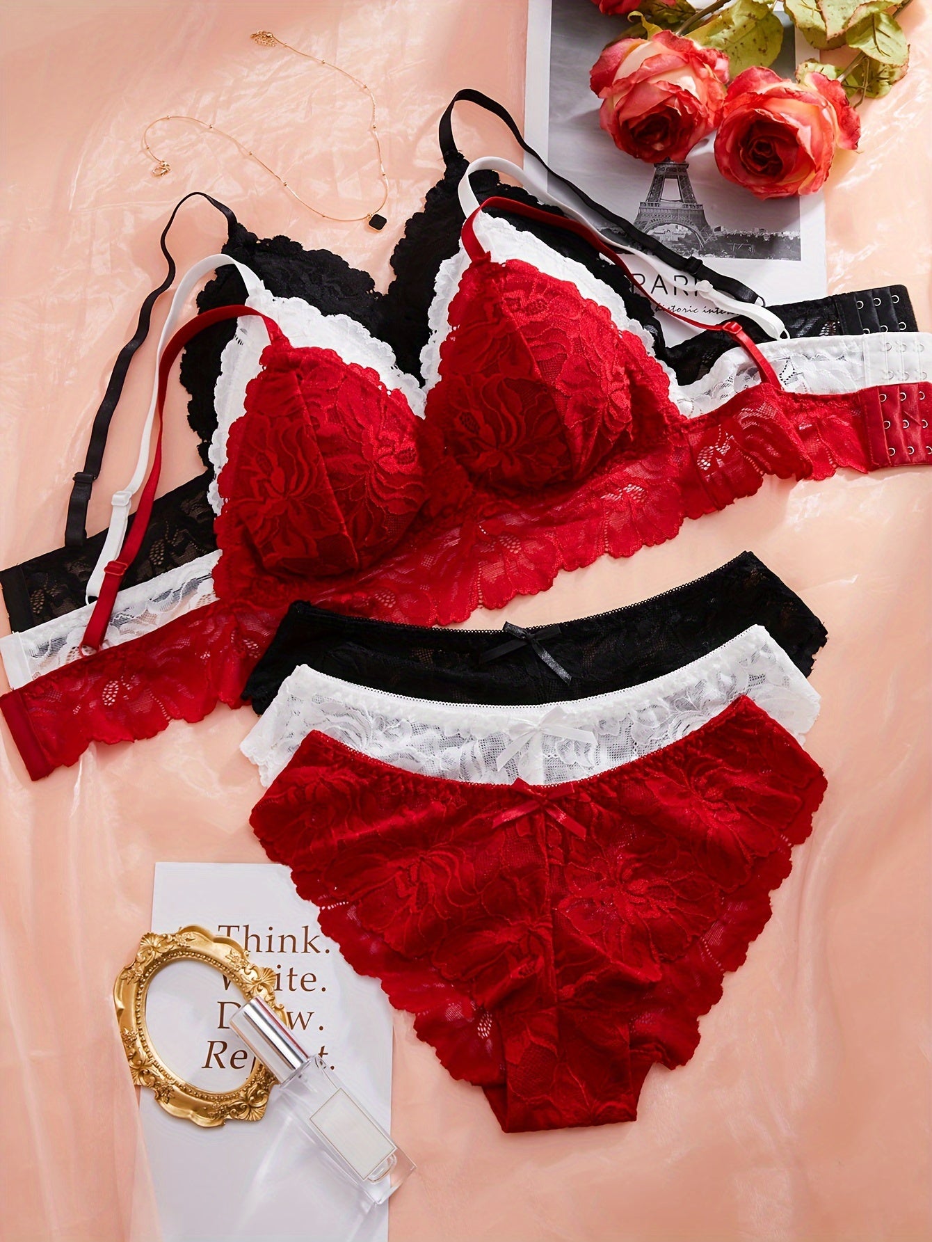 Velora |3 ensembles de soutien-gorge et de culotte en dentelle solide et sexy