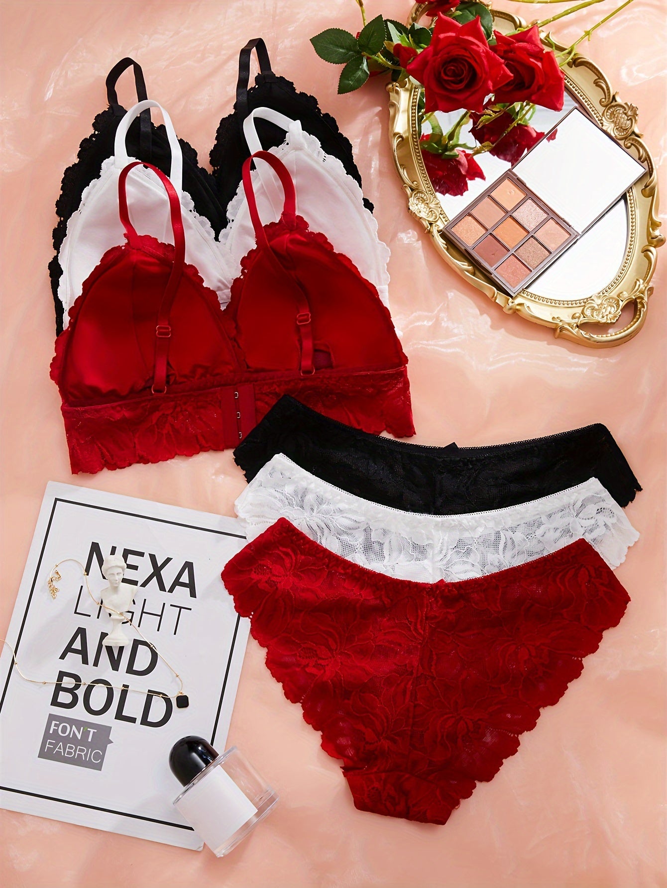 Velora |3 ensembles de soutien-gorge et de culotte en dentelle solide et sexy